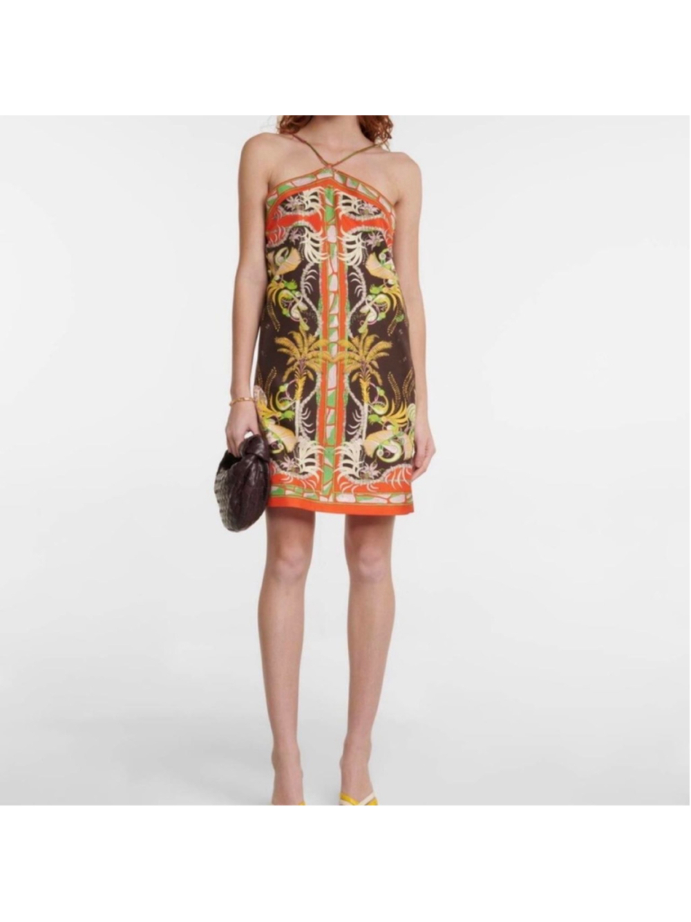 Emilio Pucci silk dress with orange, brown, and green palm tree and bird motifs